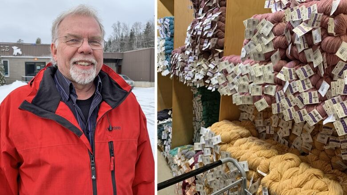 John Little, the third-generation owner-operator of Briggs & Little Woolen Mills Ltd., in front of the mill's world headquarters in York Mills, near Harvey Station, N.B. Pictured at right: Briggs & Little yarn ready to be shipped to customers.